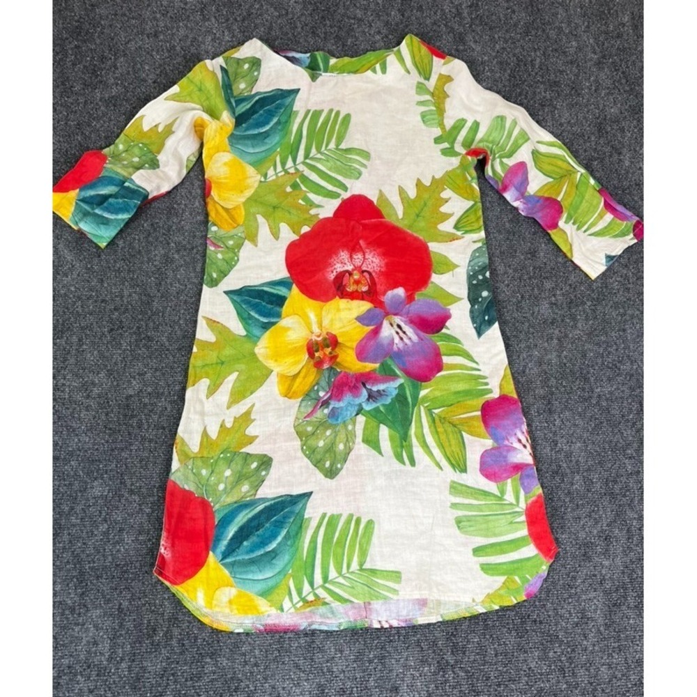 Allegra Masetti Multicolor 3/4 Sleeve Floral 100% Linen Dress Size S/P Italy